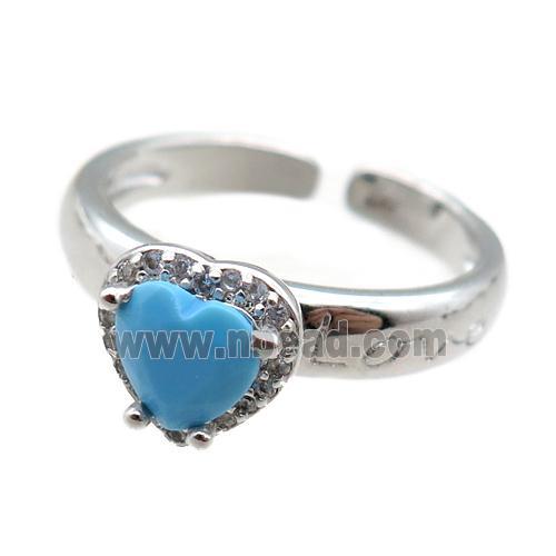 adjustable copper ring with heart pave zircon, platinum plated
