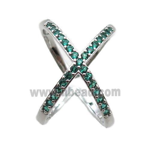 adjustable copper ring pave green zircon, plastinum plated