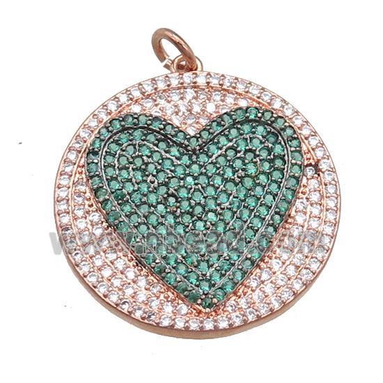 copper circle pendant pave zircon, heart, rose gold