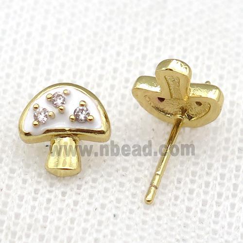 copper mushroom Stud Earring with white Enameled, gold plated