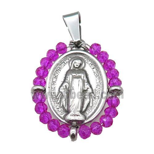 stainless steel Jesus pendant with hotpink crystal glass