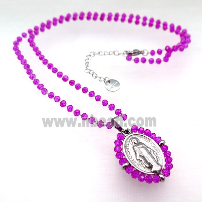 Stainless Steel Jesus Necklace Hotpink Crystal Glass Platinum Plated