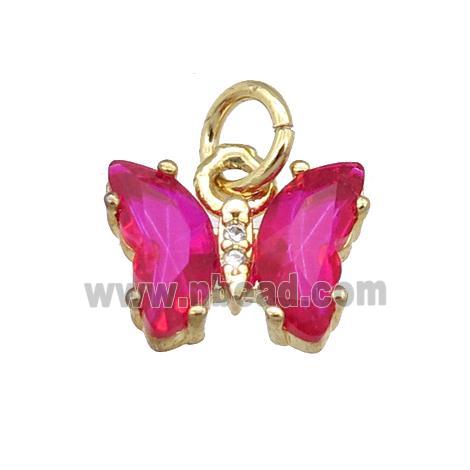 hotpink Crystal Glass Butterfly Pendant, gold plated