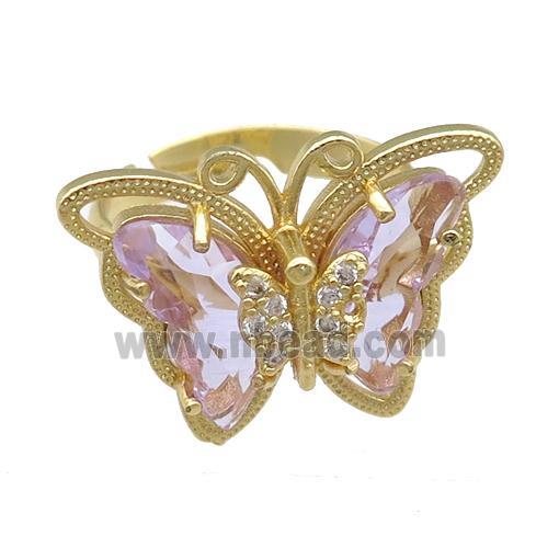 lt.lavender Crystal Glass Butterfly Rings, adjustable, gold plated