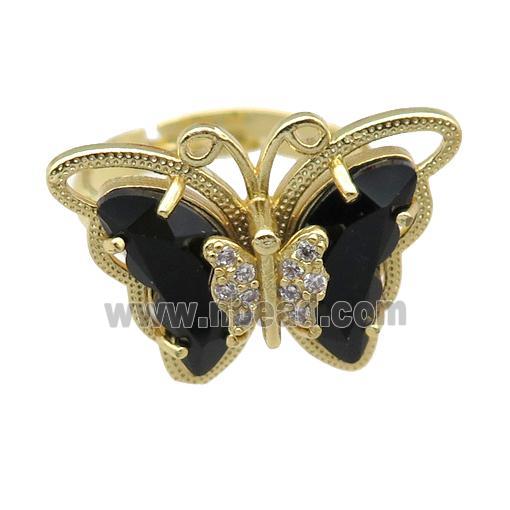 black Crystal Glass Butterfly Rings, adjustable, gold plated