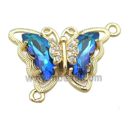 blue Crystal Glass Butterfly Connector, gold plated