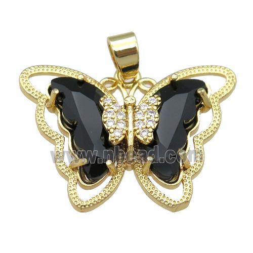 black Crystal Glass Butterfly Pendant, gold plated
