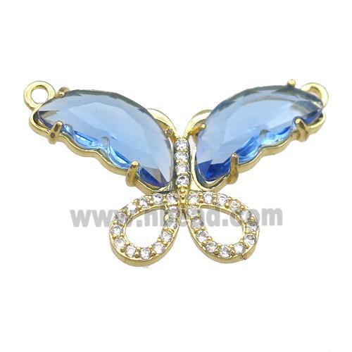 blue Crystal Glass Butterfly Pendant with 2loops, gold plated