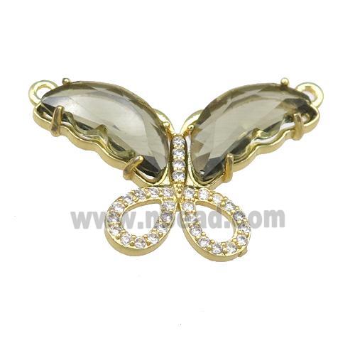 smoky Crystal Glass Butterfly Pendant with 2loops, gold plated