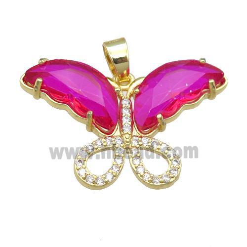 hotpink Crystal Glass Butterfly Pendant, gold plated