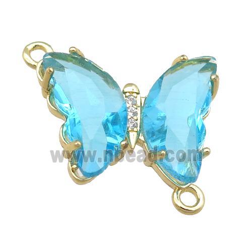 aqua Crystal Glass Butterfly Connector, gold plated