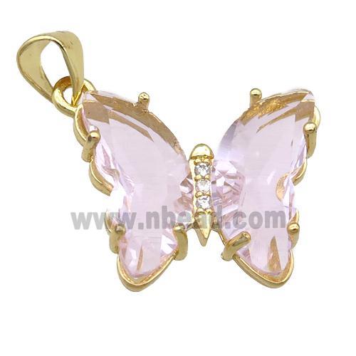 lt.pink Crystal Glass Butterfly Pendant, gold plated