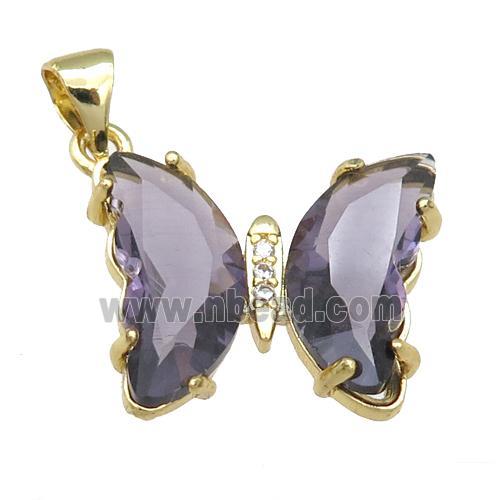 purple Crystal Glass Butterfly Pendant, gold plated