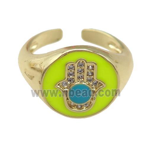 copper Rings with yellow enamel hand, adjustable, gold plated
