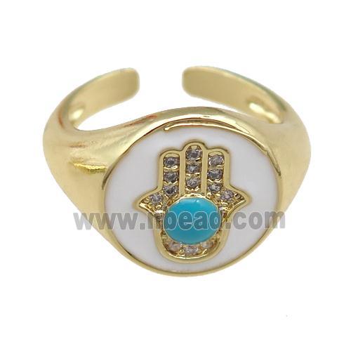 copper Rings with white enamel hand, adjustable, gold plated