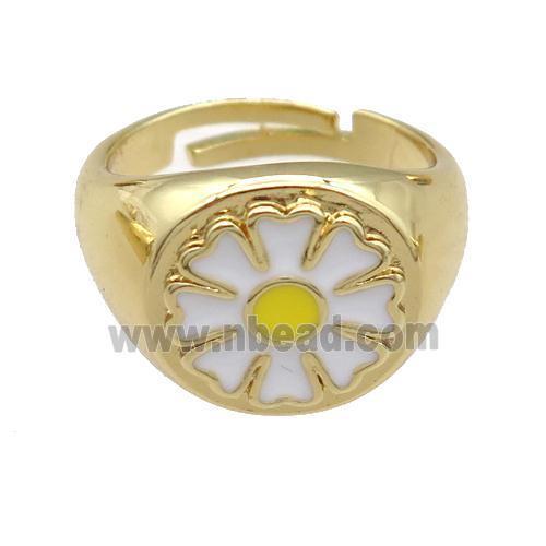 copper Rings with enamel daisy, adjustable, gold plated