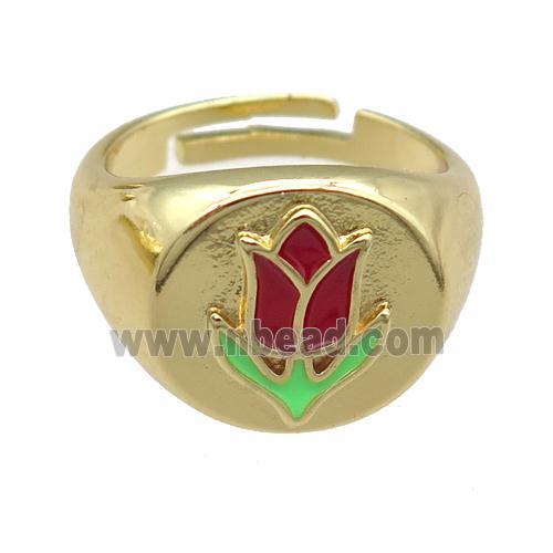 copper Rings with enamel lotus, adjustable, gold plated