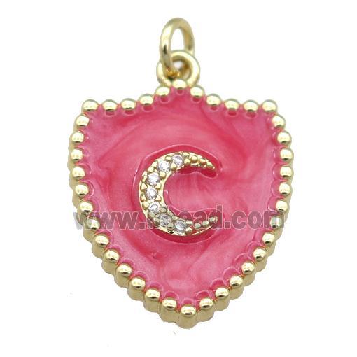 copper shield pendant with moon, red enamel, gold plated
