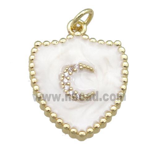 copper shield pendant with moon, white enamel, gold plated