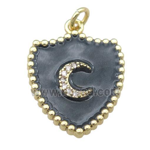 copper shield pendant with moon, black enamel, gold plated