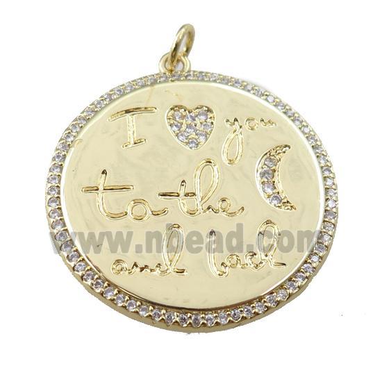copper circle pendant pave zircon, gold plated
