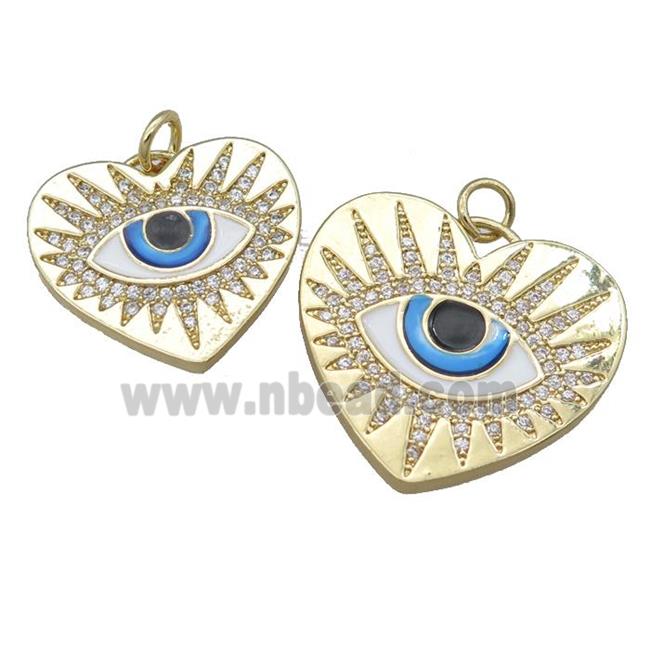 copper heart pendant pave zircon with evil eye, enamel, gold plated