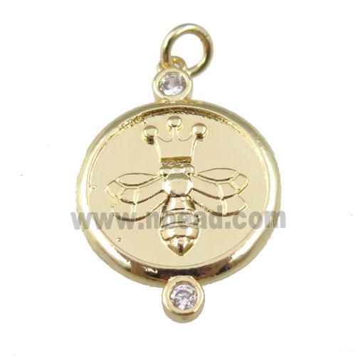 copper circle pendant, bee carved, gold plated