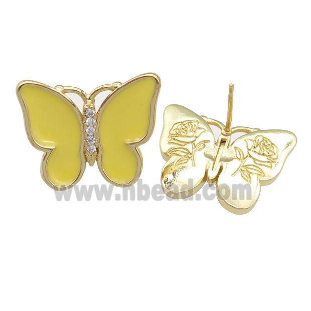 copper butterfly Stud Earring with yellow enamel, gold plated