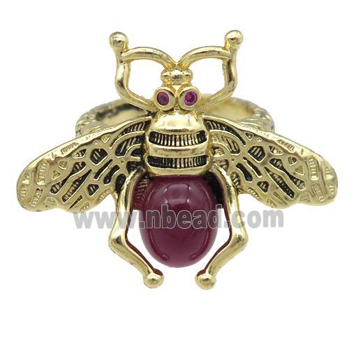 copper honeybee Rings with red cats eye stone, adjustable, antique gold
