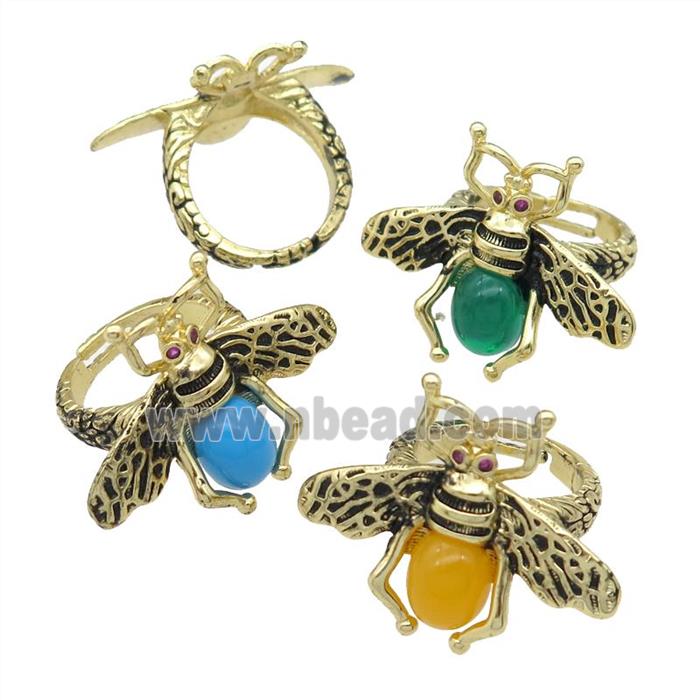 copper honeybee Rings with cats eye stone, adjustable, antique gold, mixed