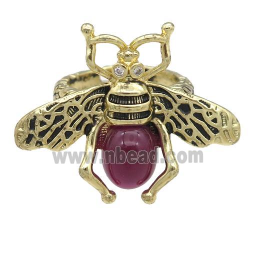 copper honeybee Rings with red cats eye stone, adjustable, antique gold