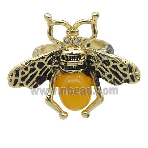 copper honeybee Rings with yellow cats eye stone, adjustable, antique gold