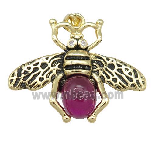 copper honeybee Pendant with red cats eye stone, antique gold
