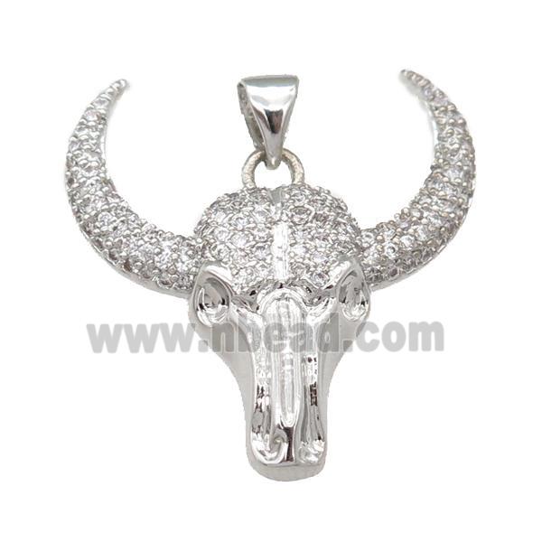 copper bullHead pendant pave zircon, platinum plated