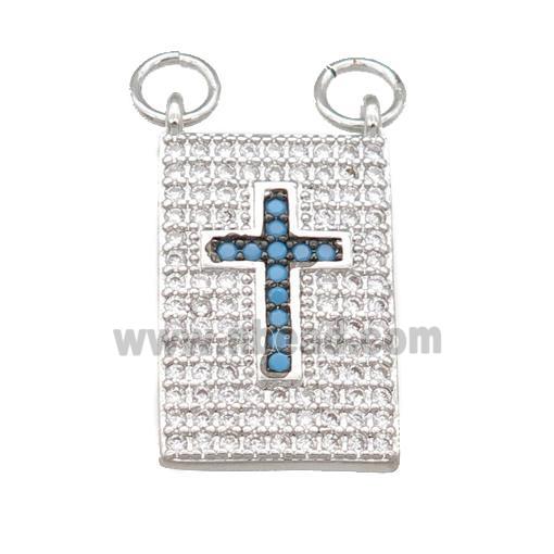 copper Rectangle pendant pave zircon, cross, platinum plated