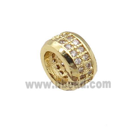 copper rondelle beads pave zircon, large hole, gold plated