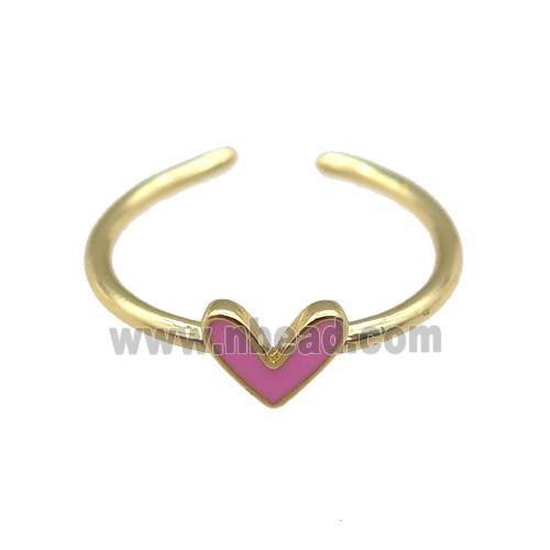 copper Ring with pink enamel heart, gold plated
