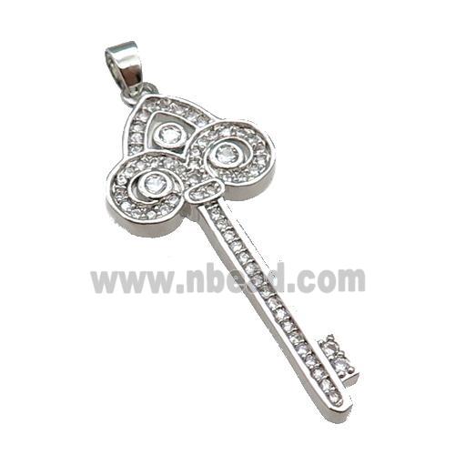 copper Key pendant paved zircon, platinum plated