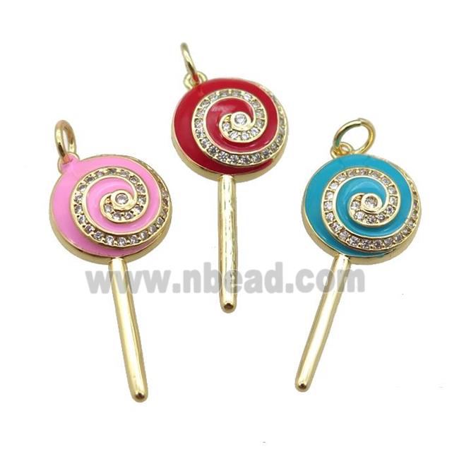 copper Lollipop pendant paved zircon with enamel, gold plated, mixed