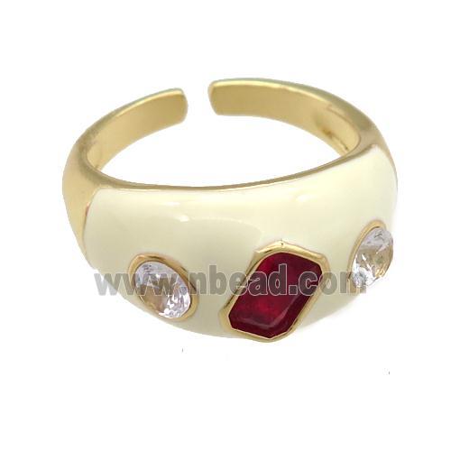 copper Rings paved zircon with white enamel, gold plated