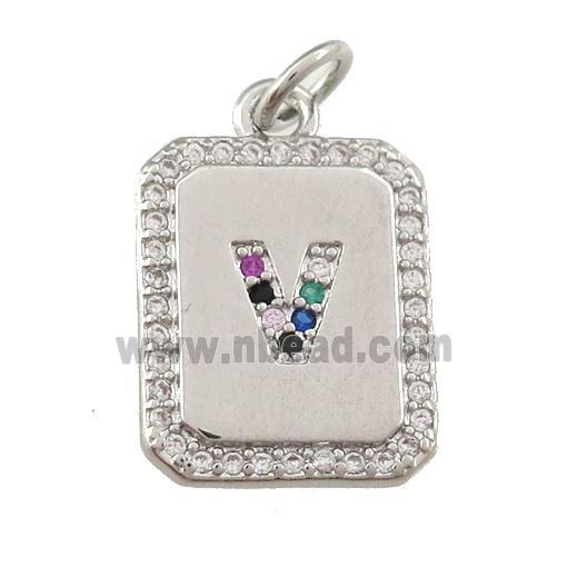 copper Letter-V pendant paved zircon, rectangle, platinum plated