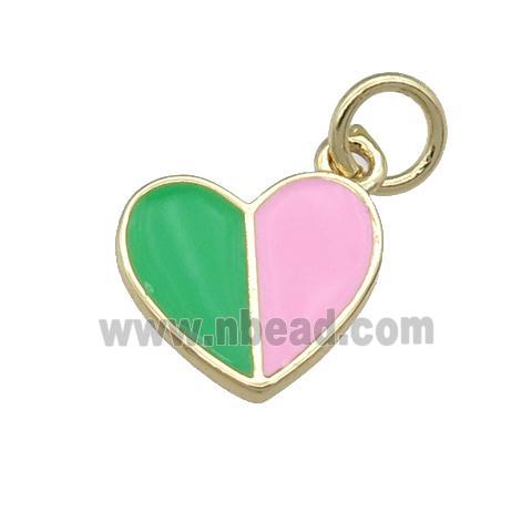 copper Heart pendant with green pink enamel, gold plated
