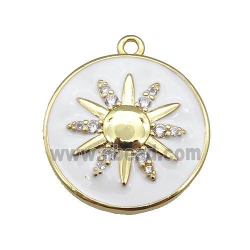 copper circle pendant paved zircon with white enamel sunflower, gold plated