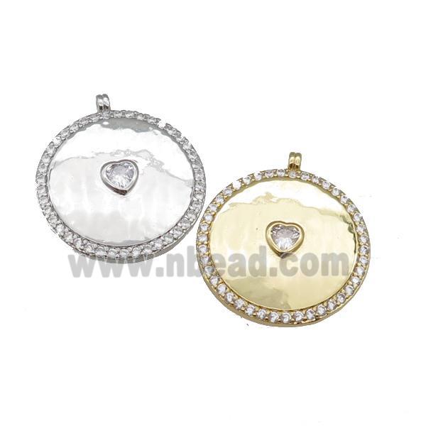 copper circle pendant paved zircon with heart, mixed