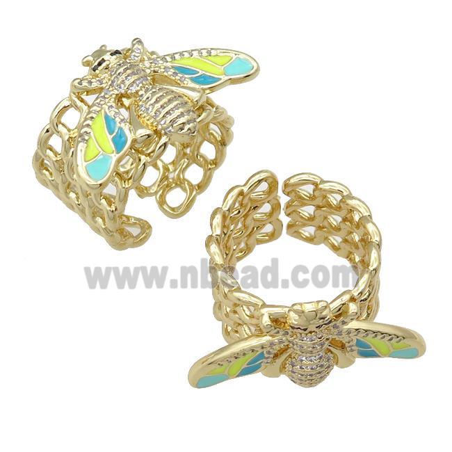 copper Ring paved zircon with enamel honeybee, gold plated