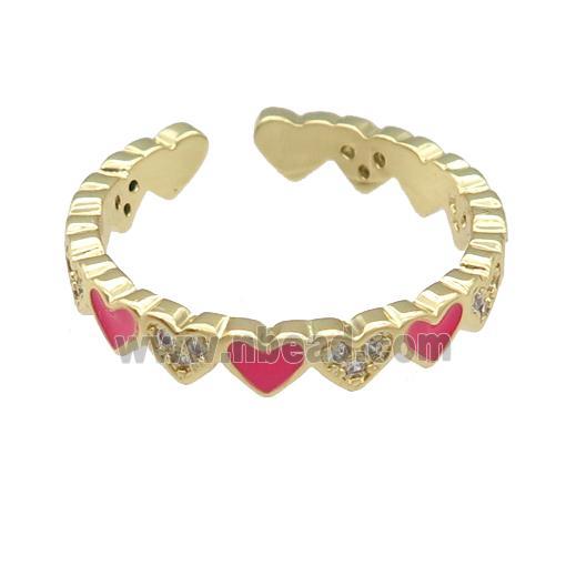 copper Ring paved zircon with red enamel heart, gold plated