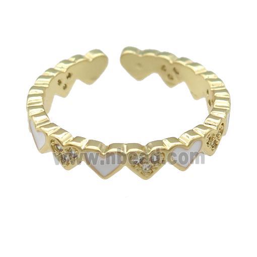 copper Ring paved zircon with white enamel heart, gold plated