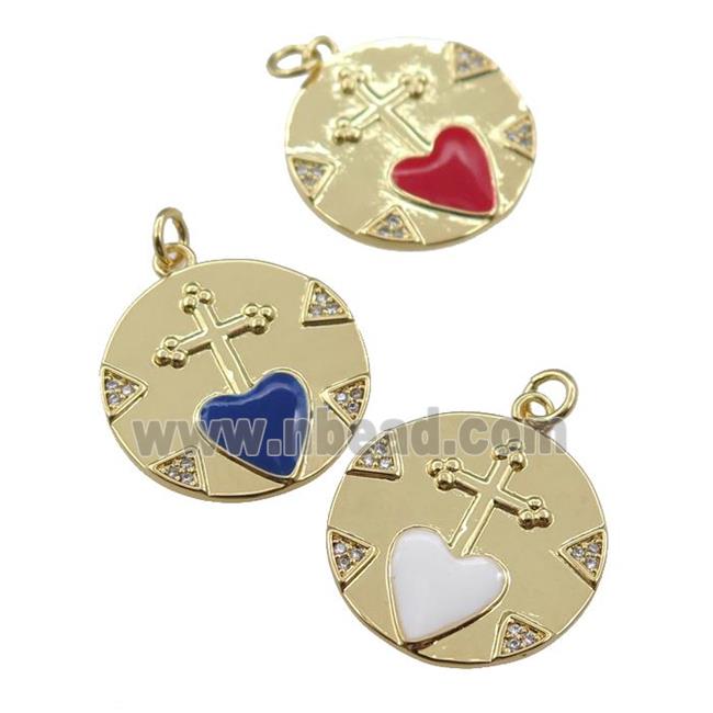 copper circle pendant with cross, enamel heart, gold plated, mixed