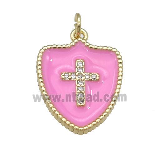 copper Shield Cross pendant paved zircon with orange enamel, gold plated