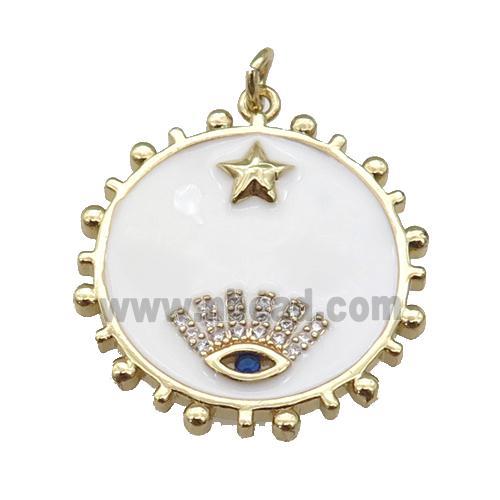 copper circle pendant with white enamel, eye, gold plated